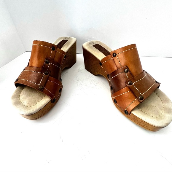 Vintage Platform Sandals Slides Genuine Leather Patchwork Y2K Mules Size 7.5 - Picture 4 of 10